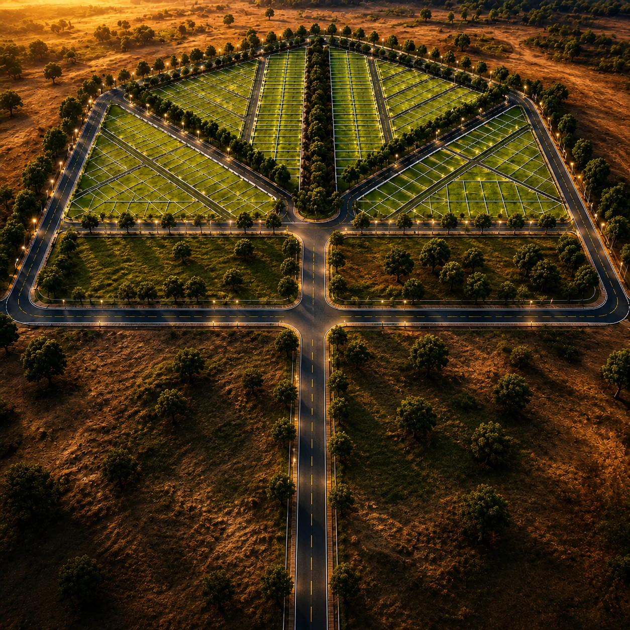 Conceptual aerial visualization of a landscaped plotted development
